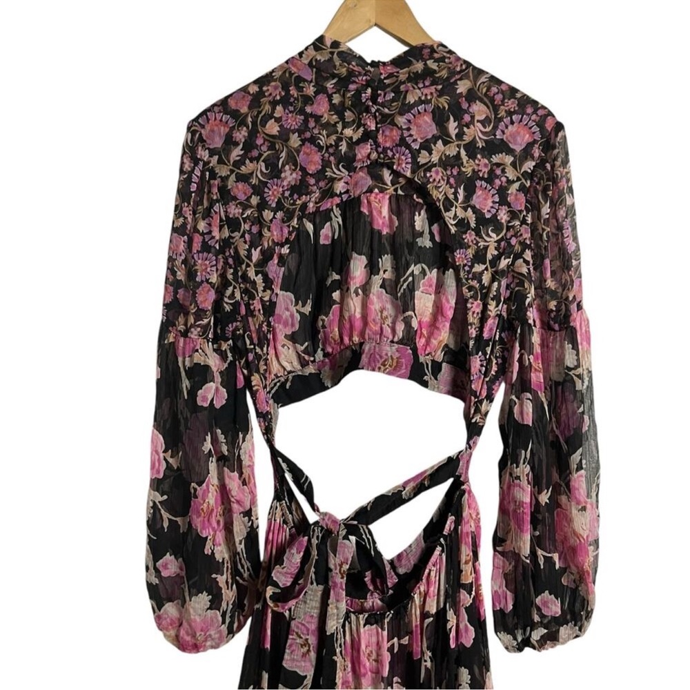 MISA Charlotta Black Pink Floral Print Long Sleeve Open Back Maxi Dress Size XL - Picture 10 of 12